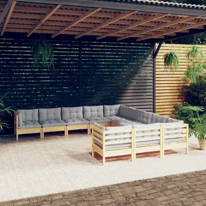 vidaXL Salon de jardin 11 pcs avec coussins gris Bois de pin pas cher