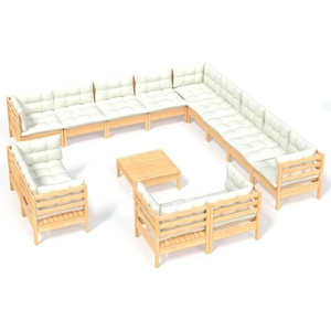 vidaXL Salon de jardin 14 pcs avec coussins crème Bois de pin solide pas cher
