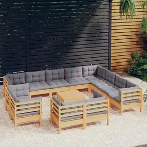 vidaXL Salon de jardin 13 pcs avec coussins gris Bois de pin solide pas cher