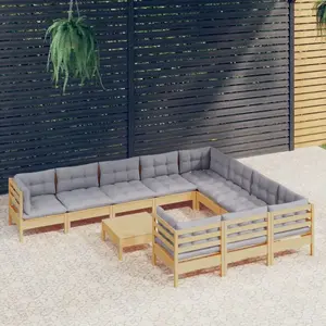 vidaXL Salon de jardin 11 pcs avec coussins gris bois de pin pas cher