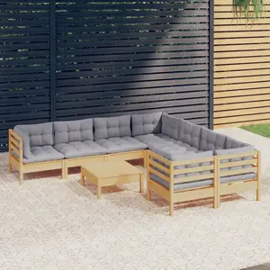 vidaXL Salon de jardin 9 pcs avec coussins gris bois de pin pas cher
