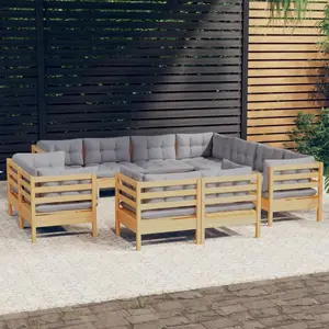 vidaXL Salon de jardin 11 pcs avec coussins gris bois de pin solide pas cher