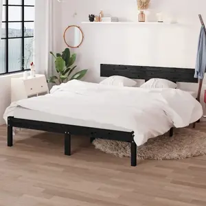 vidaXL Cadre de lit Noir Bois de pin massif 135x190 cm Double pas cher