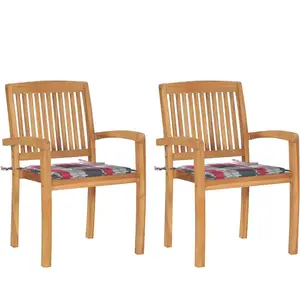 vidaXL Chaises de jardin lot de 2 avec coussins à carreaux rouges Teck pas cher