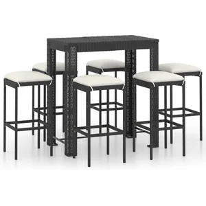 vidaXL Ensemble de bar de jardin 7 pcs et coussins Résine tressée Noir pas cher