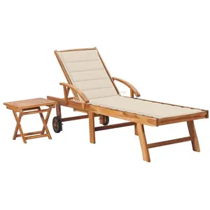 vidaXL Chaise longue avec table et coussin Bois de teck solide pas cher