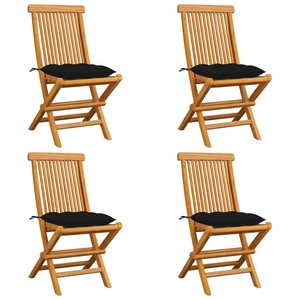 vidaXL Chaises de jardin avec coussins noir 4 pcs Bois de teck massif pas cher