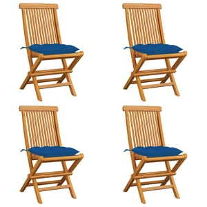 vidaXL Chaises de jardin avec coussins bleu 4 pcs Bois de teck massif pas cher