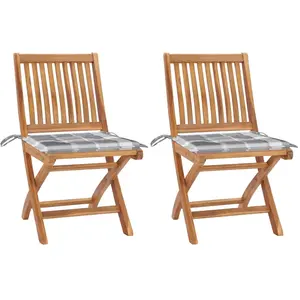 vidaXL Chaises de jardin lot de 2 avec coussins à carreaux gris Teck pas cher