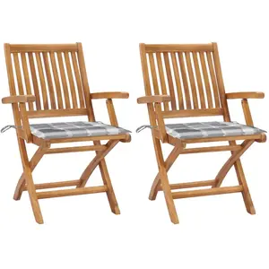 vidaXL Chaises de jardin lot de 2 avec coussins à carreaux gris Teck pas cher