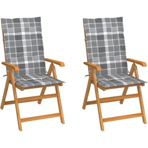 vidaXL Chaises de jardin lot de 2 et coussins à carreaux gris Teck pas cher