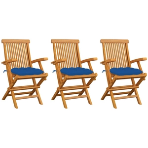 vidaXL Chaises de jardin avec coussins bleu 3 pcs Bois de teck massif pas cher