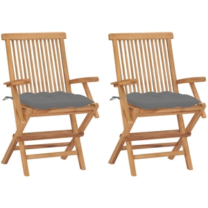 vidaXL Chaises de jardin avec coussins gris 3 pcs Bois de teck massif pas cher