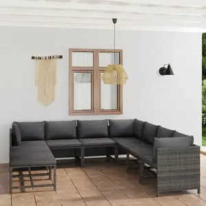 vidaXL Salon de jardin 9 pcs avec coussins Résine tressée Gris pas cher