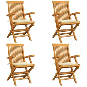 vidaXL Chaises de jardin avec coussins crème 4 pcs Bois de teck massif pas cher