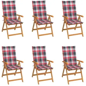 vidaXL Chaises de jardin 6 pcs avec coussins à carreaux rouge Teck pas cher