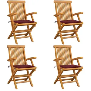 vidaXL Chaises de jardin avec coussins rouge bordeaux 4pcs Teck massif pas cher
