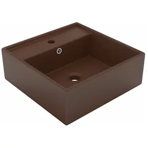 vidaXL Lavabo carré à trop-plein Marron foncé mat 41x41 cm Céramique pas cher