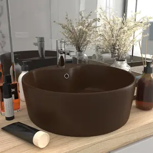 vidaXL Lavabo avec trop-plein Marron foncé mat 36x13 cm Céramique pas cher