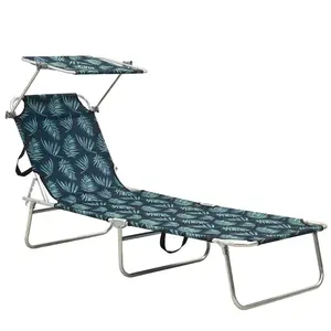 vidaXL Vidaxl Chaise Longue Pliable Avec Auvent Motif De Feuilles Aluminium pas cher