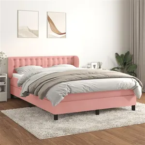 vidaXL Sommier à lattes de lit avec matelas Rose 140x200 cm Velours pas cher