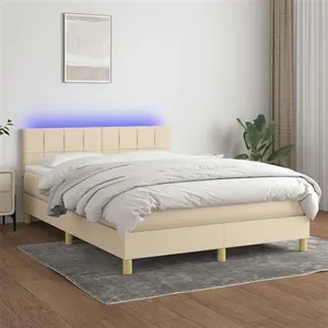 vidaXL Sommier à lattes de lit avec matelas LED Crème 140x190 cm Tissu pas cher