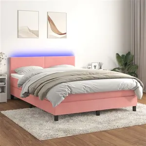vidaXL Sommier à lattes de lit avec matelas LED Rose 140x190cm Velours pas cher