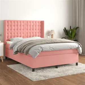 vidaXL Sommier à lattes de lit avec matelas Rose 140x190 cm Velours pas cher