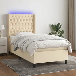 vidaXL Sommier à lattes de lit matelas et LED Crème 100x200 cm Tissu pas cher