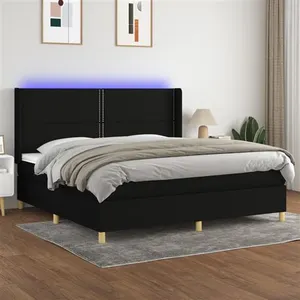 vidaXL Sommier à lattes de lit matelas et LED Noir 200x200 cm Tissu pas cher