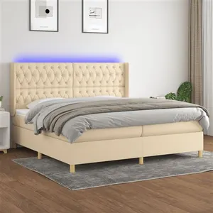 vidaXL Sommier à lattes de lit matelas et LED Crème 200x200 cm Tissu pas cher