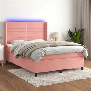vidaXL Sommier à lattes de lit matelas et LED Rose 140x200 cm Velours pas cher