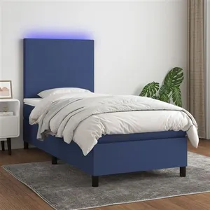 vidaXL Sommier à lattes de lit avec matelas et LED Bleu 90x200cm Tissu pas cher