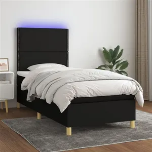 vidaXL Sommier à lattes de lit avec matelas et LED Noir 90x200cm Tissu pas cher