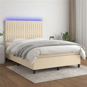 vidaXL Sommier à lattes de lit et matelas et LED Crème 140x190cm Tissu pas cher