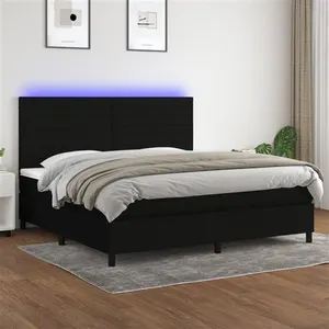 vidaXL Sommier à lattes de lit et matelas et LED Noir 200x200 cm Tissu pas cher