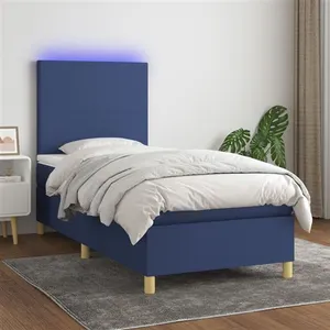 vidaXL Sommier à lattes de lit avec matelas et LED Bleu 90x200cm Tissu pas cher