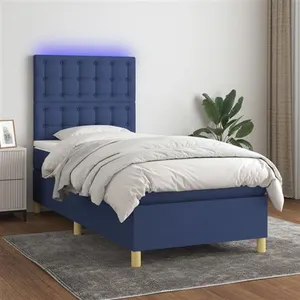 vidaXL Sommier à lattes de lit et matelas et LED Bleu 90x200 cm Tissu pas cher