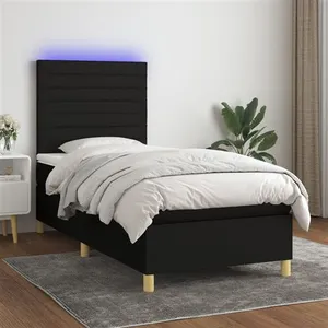 vidaXL Sommier à lattes de lit et matelas et LED Noir 90x200 cm Tissu pas cher