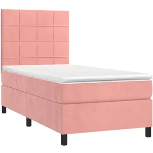vidaXL Sommier à lattes de lit avec matelas LED Rose 90x200 cm Velours pas cher