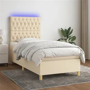 vidaXL Sommier à lattes de lit et matelas et LED Crème 90x190 cm Tissu pas cher