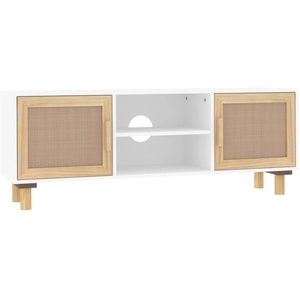 Comparateur de prix : vidaXL Meuble TV Blanc 105x30x40cm Bois de pin massif et rotin naturel