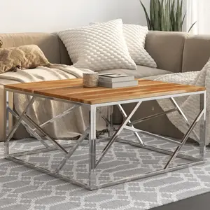 vidaXL Table basse argenté acier inoxydable et bois massif d'acacia pas cher