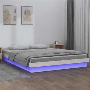 vidaXL Cadre de lit à LED blanc 135x190 cm double bois massif pas cher