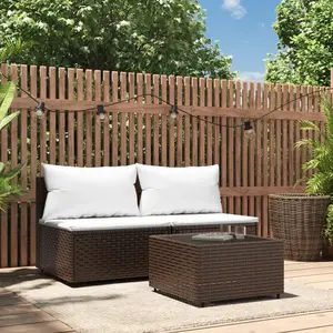 vidaXL Salon de jardin 3 pcs avec coussins marron résine tressée pas cher