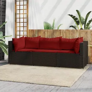 vidaXL Salon de jardin 3 pcs avec coussins marron résine tressée pas cher