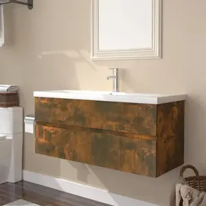 Comparateur de prix : vidaXL Meuble lavabo avec bassin intégré Chêne fumé Bois d'ingénierie
