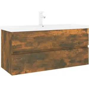 Comparateur de prix : vidaXL Meuble lavabo avec bassin intégré Chêne fumé Bois d'ingénierie