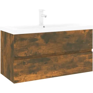 vidaXL Meuble lavabo avec bassin intégré Chêne fumé Bois d'ingénierie pas cher