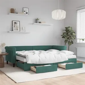 vidaXL Lit de jour avec gigogne et tiroirs vert foncé 80x200cm velours pas cher